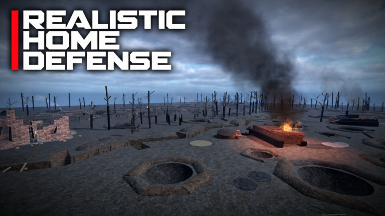A cratered battlefield with burned trees, smoke and a fire, title text overlay.