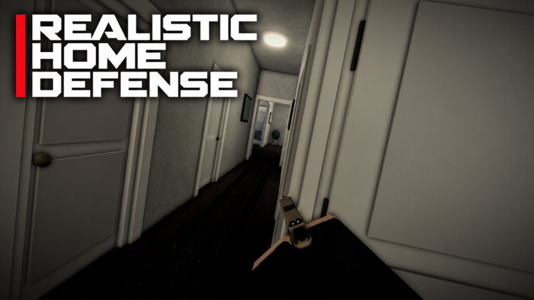 Dark hallway inside a house with a door ajar, title text REALISTIC HOME DEFENSE.