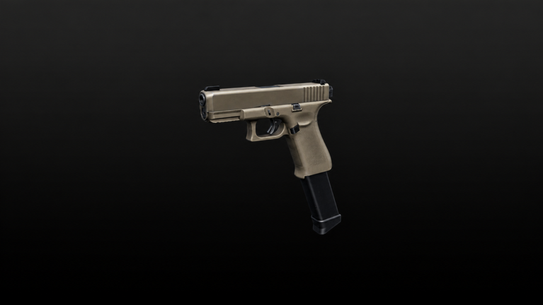 A tan-framed pistol with an extended magazine on a dark background.