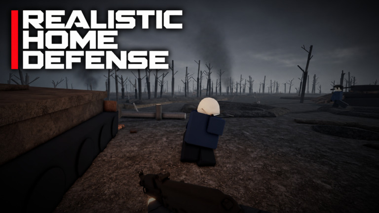 A player character in a trench on a smoky battlefield, title text overlay.